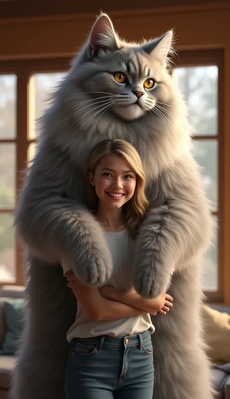 A  giant Maine Coon cat with long, luxurious, silver-gray fur being held by a smiling woman indoors. The giant cat looks majestic and much larger than average, with tall ears, fluffy tail, and piercing yellow eyes. The woman has light-colored hair, wears c...