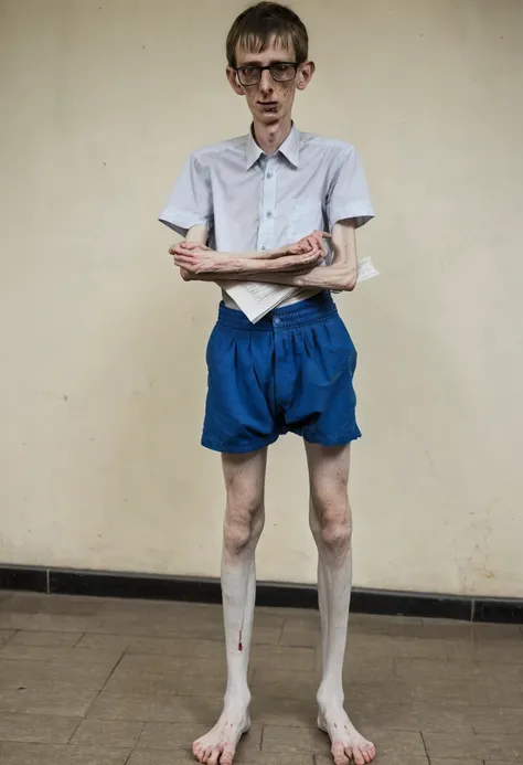 ((Side pose)) extremely thin and ugly young man, emaciated and starving, weighing only 30 kg, 1.6 m tall. He has very thin arms, is badly injured, wears a school uniform, blue shorts, black shows and a white shirt and his legs are very thin. The man is pal...