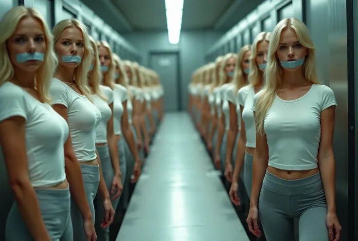 Tworows of busty beautiful blonde women on a conveyor belt,white shirts and gray leggings,Large Breasts,closed eyes,tape on thair mouth,photograph