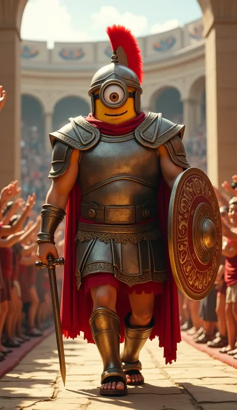 A colossal Stuart-type Minion with a single eye, clad in traditional Roman armor, including a helmet with a red plume. He holds a short sword and a decorated shield, marching confidently as the arena audience erupts in applause.