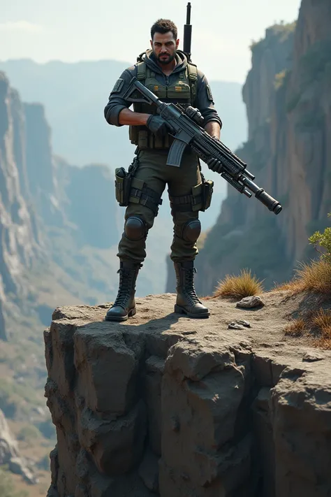 A pubg character standing on cliff holding a futuristic weapon in hands 