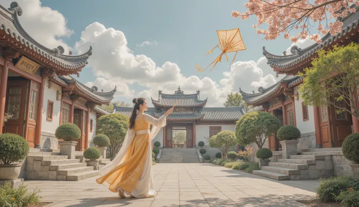 Tang Dynasty,Girl wearing Hanfu,Standing in the courtyard,spring,The girl flies a paper kite , hoping it will bring back memories of the boy。