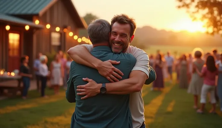 A 25-year-old man embraced with his father on the farm at a big party with his family 