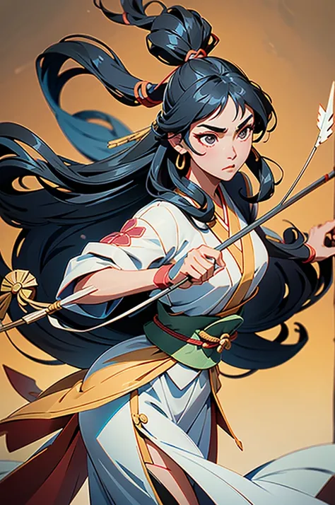 A full-body depiction of Kushinadahime, a master archer from Japanese mythology (nihonshinwa), with long, sleek black hair flowing elegantly. She stands gracefully in royal attire adorned with intricate patterns, holding a massive five-person war bow. Pois...