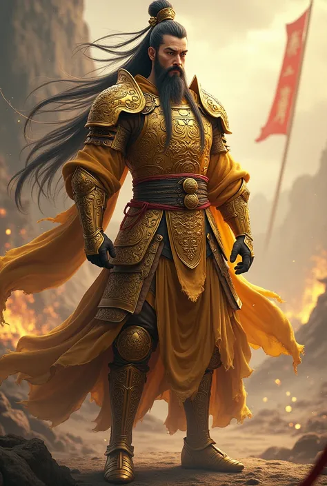 "Create a heroic warrior character inspired by ancient Chinese generals, named Zhou Yu. He is tall and powerful, dressed in golden armor with intricate carvings, exuding the aura of a military deity. His long black-gray hair is tied neatly, with a resolute...