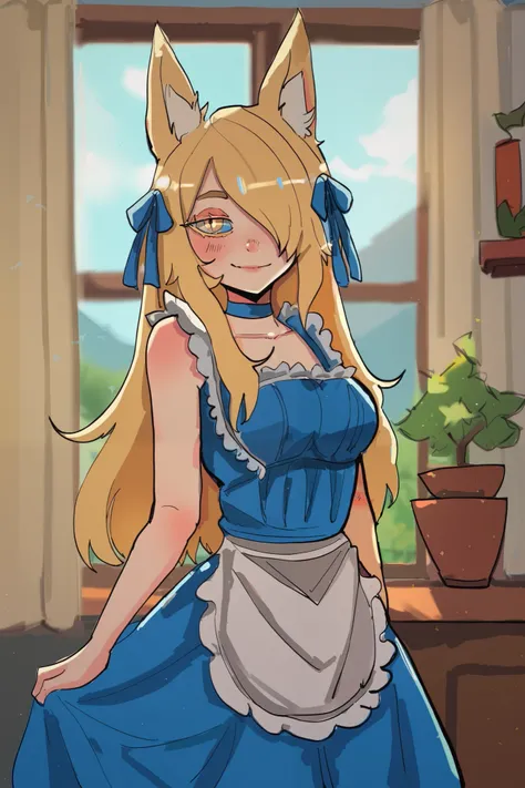 score_9, score_8_up, score_7_up, score_6_up, bsdbn, blonde hair, housewife, hair over one eye, fox ears, solo, yellow eyes, 1girl, long hair, smile, looking at viewer, choker, dress, ribbon, indoors, frills, window, blush, apron, blue ribbon