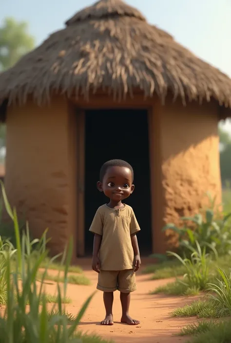 African boy outside a mud house