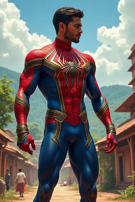 "Design a stunning, highly detailed artwork of a young, handsome, and fit Indian male inspired by Spider-Man, set in the vibrant cultural backdrop of Bhawanipatna in Kalahandi, Odisha. He wears an armored Spider-Man suit with intricate metallic and tribal ...