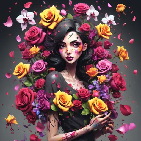 The Inkpunk   : fst  ,  prepares a bright bouquet of roses and orchids,    petals are scattered everywhere.