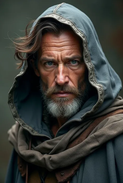 homme brun yeux bleus la trentaine, un peu de barbe, il est mage et a un regard sérieux, vêtu dune cape de mage abimé