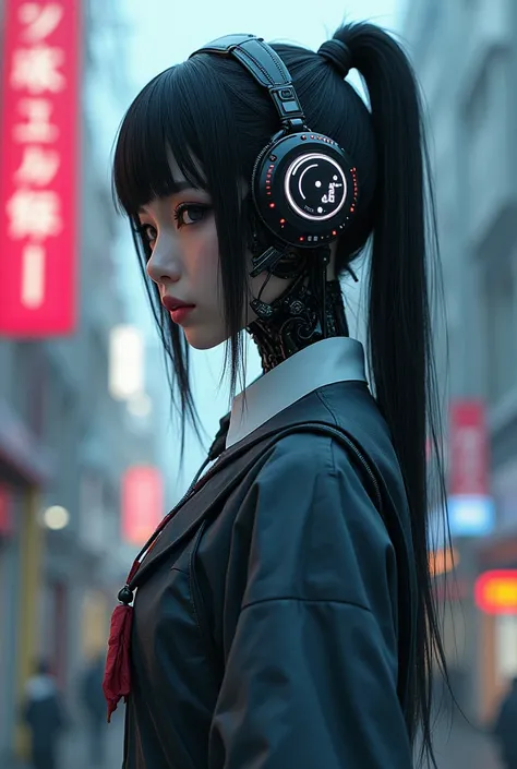  a Japanese robot girl with a cyberpunk worldview,  comes from a cyberpunk worldview wearing typical Japanese school uniforms 、Wear typical Japanese school uniforms、Im wearing dark makeup 