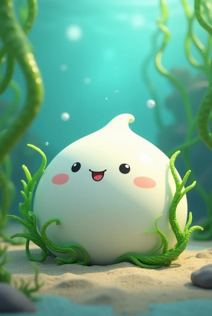 Animation white bouncy dumpling covered by a seaweed