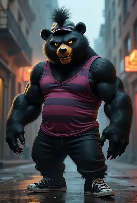 black bear mobster with droopy black mohawk, backwards gray flat cap, yellow eyes, lilac/dark magenta striped tank top, black pants and black sneakers 