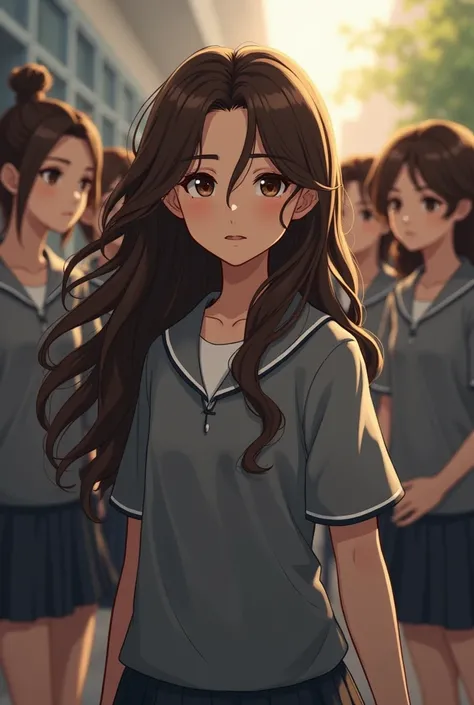  The brown-haired girl released her long brown hair with brown eyes while the students wore gray school uniforms., Wavy hair with hair falling in front of a Thai man, a slightly dark brown bun 