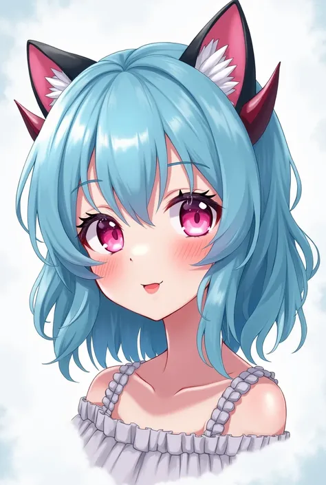 1girl, Blue Hair, Tongue, Horns, Cat Ears, Pink Eyes, Dutch, anime