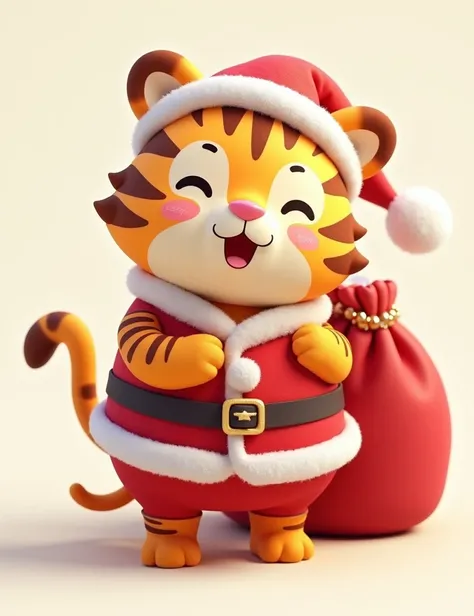 Orange and white striped tiger Round body with soft fur. wear Red santaClaus hat ,wear Red Santa Claus shirt and pants, 3d character cartoon, , perfect hand, Sumikko Gurashi style , Hold Big Red Bag on back, fluffy fur body, smile face and open mouth ,