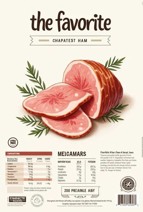 Label that says “the favorite” with a drawing of ham slices with nutritional chart




