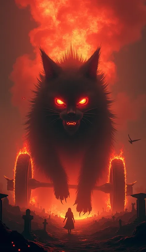 A realistic and mystical depiction of Kasha (train), a terrifying yokai from Japanese folklore known for stealing the s of the dead. The image features a demonic, feline-like creature with flaming wheels, surrounded by roaring fire and thick smoke. Its glo...