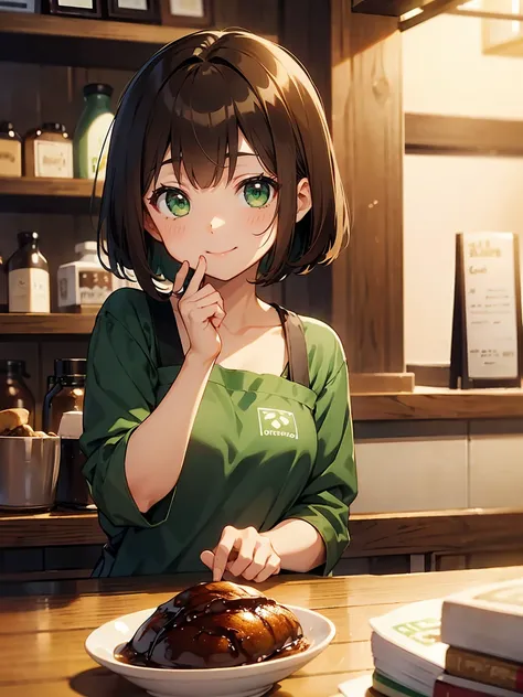 Brown Hair、Green Eyes、Short Hair、（Dark green apron、Coffee shop clerk:1.3）、shelf、female、A cozy cafe、smile、 College Student 、 closed mouth 、solo、 anime style:1.3