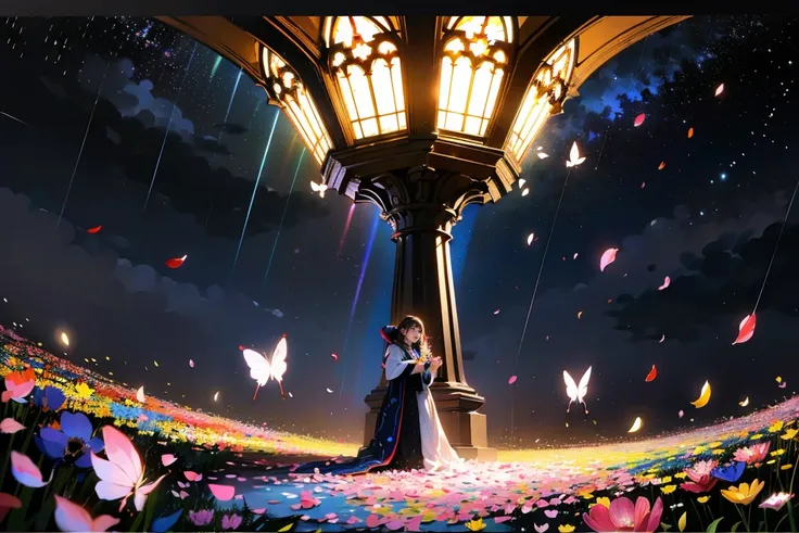 (( Rain of Petals )),((Lots of colorful petals fluttering:1.5)),night, starry sky ,In the clouds、 Surrounded by Stars and Meteor Showers、 fantasy standing in a church、 dynamic angle、 colorful lights、Wide-angle lens