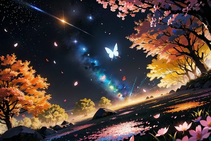 (( Rain of Petals )),((Lots of colorful petals fluttering:1.5)),night, starry sky ,In the clouds、 Surrounded by Stars and Meteor Showers、 fantasy standing in a church、 dynamic angle、 colorful lights、Wide-angle lens