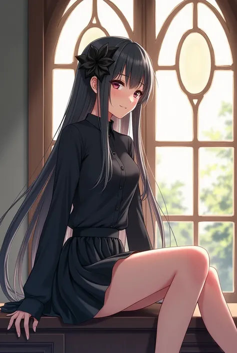 Beautiful girl with long black hair in a black blouse, wearing a short black bubble, wearing a black flower flotation bag, sitting by the anime window
