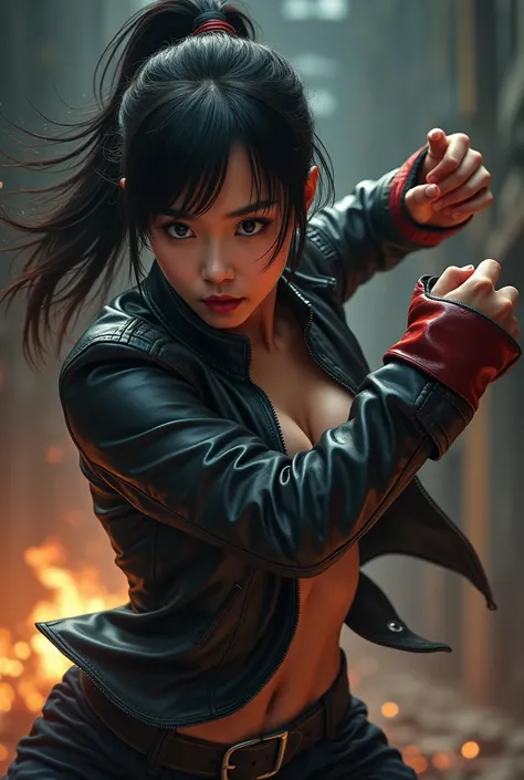 Asian girl, leather jacket, beats man, wrestling 