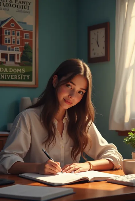 A picture of a female student sitting, writing goals in a notebook on a desk, with a picture of a dream university poster on the wall.