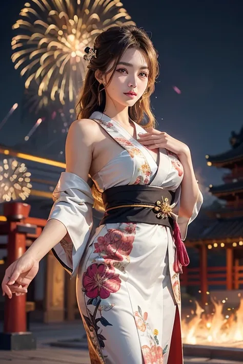 "Beautiful woman in a gorgeous, traditional Japanese kimono, white with intricate floral patterns, standing at a summer fireworks festival. She has short, wavy blonde hair styled in a way that resembles the rugged yet charming appearance of a female versio...