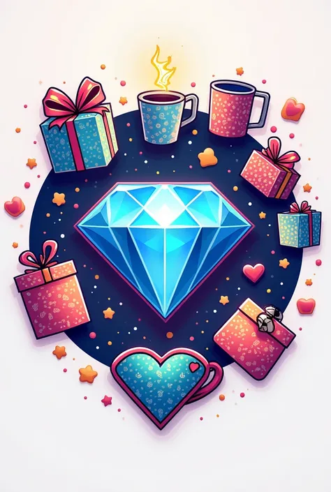 Make a logo of diamond art clud in which ther symbols of gifts like printed mugs,printed lamps,customise key chain and purse