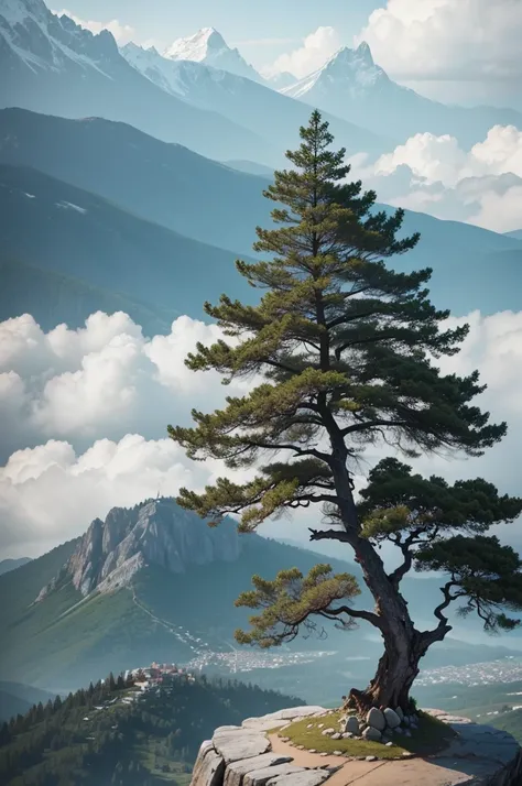 Draw a wishing tree on top of the mountain in cloudy weather and a view of Göbeklipe behind it.
