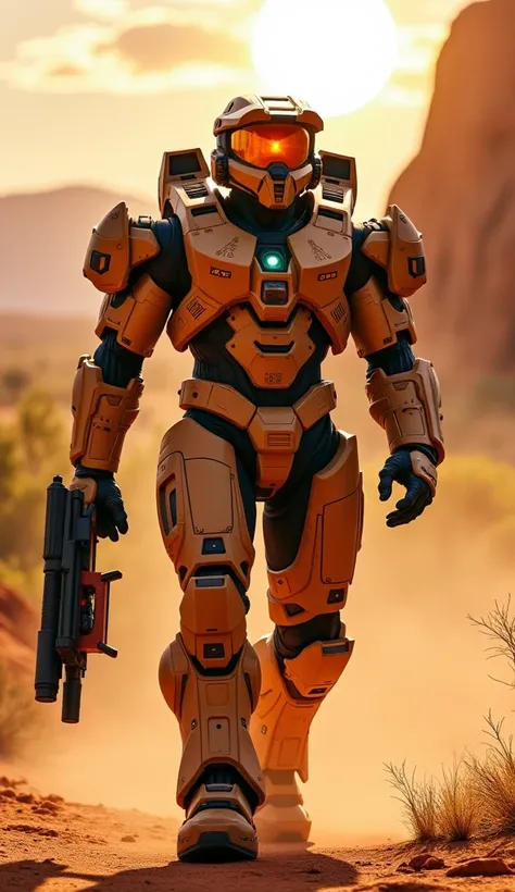 An Australian-themed Master Chief in rugged, desert-colored power armor featuring Aboriginal art motifs and dust-resistant plating. His gear includes a boomerang-shaped plasma weapon, a wrist-mounted flamethrower, and a drone shaped like a kangaroo. He str...