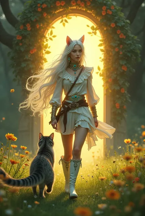 Elfnfrau läuft mit ihrer Katze an der Seite auf einer Wiese mit Glockenblumen auf ein goldenes leuchtendes Tor zu mit einem Torbogen aus Blumen

Aussehen Sie: female, 25 years, Elf,  androgynous facial features , green eyes, warrior,  long white hair, trai...