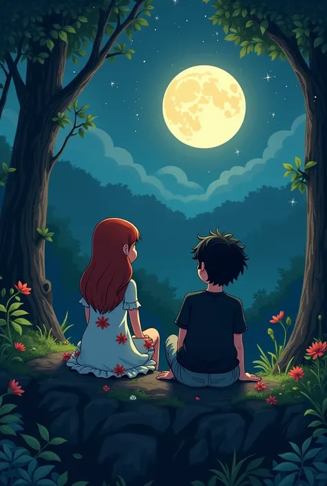  creates a forest at night where you can see little and the moon shines softly ,  on the floor there is a young woman and a young woman sitting together on the edge of a cliff ,  the girl has smooth red hair and wears a white dress with long red flowers an...