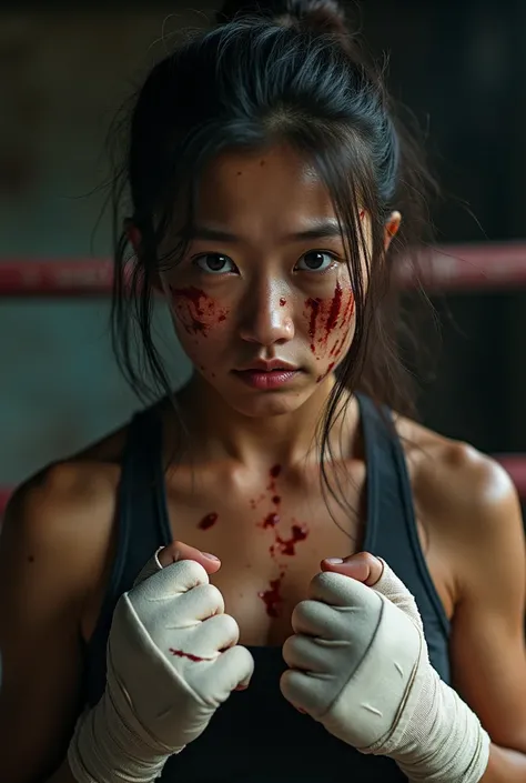 Fait moi une femme boxeuse thaï,  le visage abîmer par mes coups de coudes, We see a little bit of blood, son regard est triste,  elle porte des bandages de boxe aux mains et elle est fatiguée 