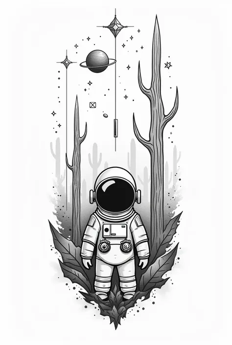  Create an image of a tattoo on the forearm .  In this image in very simple drawings ,  extremely simple ,  create black and gray lines .  Draw a man wearing astronaut costumes .  With a glass visor .  Also draw large trees and alien animals around you .  ...