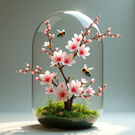 Ikebana with cherry blossoms and orchid bees at the base of the terrarium