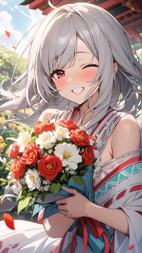 ( best quality, ),  beautiful woman (Red Eyes ), elements that play gagaku、heart、 Silver Hair,Shrine maiden， well-groomed face from a sense of distance、smile、 cute expression (目がheart、 close one eye、)、 winks、 red eyes、bouquet、綺麗なbouquet、 Petals Fluttering ...