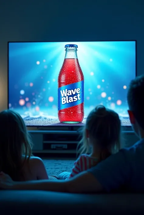 A family watch a television advertisement for a sparkling displayed in their living room television soda drink that is sea blue with red tapioca balls in the drink inside a long neck glass bottle with an empty blue gradient label wrapped around the middle ...