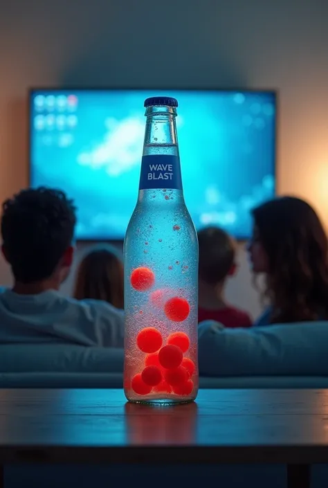 A family watching a television advertisement for a sparkling displayed in their living room television soda drink that is coloured sea blue with red tapioca balls in the drink inside a long neck glass bottle with an empty blue gradient label wrapped around...