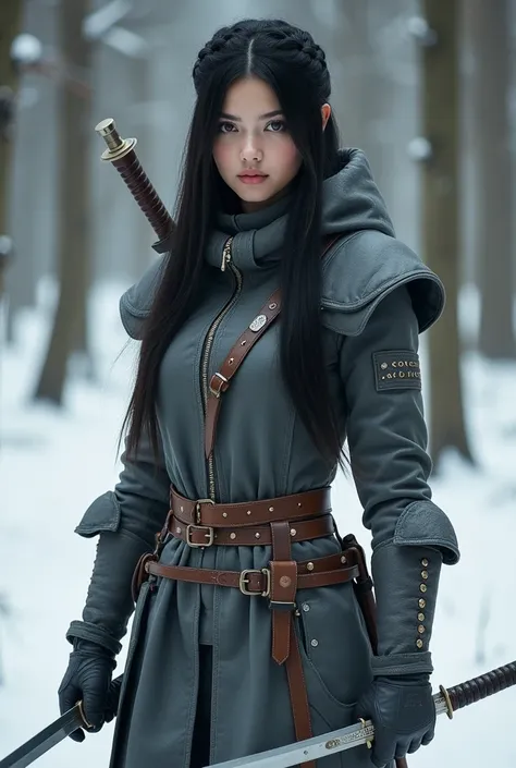   young woman ， with straight black hair ， Braided ， no bangs, 有日本特点的 young woman , Light-skinned ,  wearing grey leather combat gear,Armed with two swords, in a snowy forest 