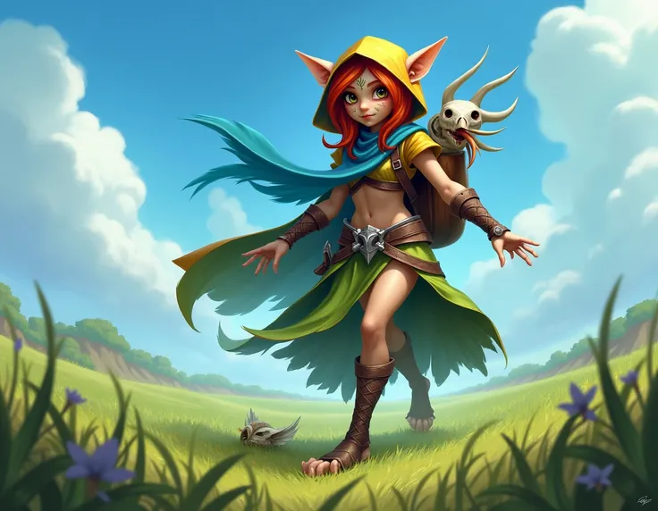 grass, sky, field,  League of Legends ,  1girl, elf, druid, animal ears, bandage  legs,  long legs, bandage , bandage , bird feet, bird skull, cloak, shut up, ears on the headdress, eyes visible through hair, face drawings, feathers, hood, hooded cloak,  l...