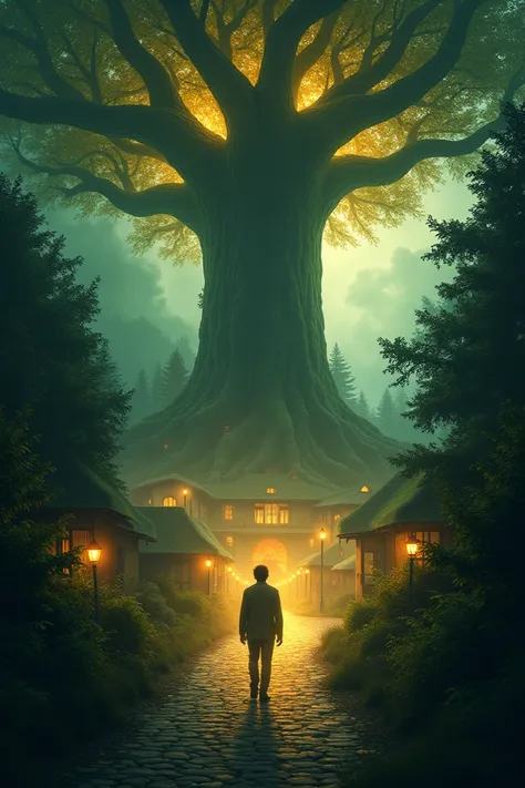 "An atmospheric and mysterious ebook cover featuring a journalist walking through a dense, enchanted forest bathed in an ethereal golden light. At the center of the cover, a serene village glimmers faintly, its quaint houses and cobblestone streets almost ...