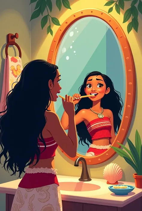 Cartoon character Moana is brushing her teeth