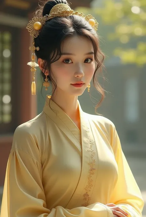 Ancient girl wearing pale yellow Chinese ancient dress with wide sleeves and a lot of jewelry on her head, beautiful 18 years old standing a bit far away