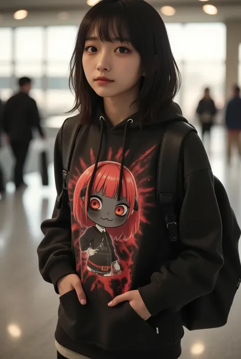 She is wearing a hoodie with a large print of her favorite cute devil girl, ultra-realistic, photorealistic, dramatic scene, shadow, global-illumination, solo, (20 years old Japanese famous idol girl:1.5), bad girl, very beautiful with very cute but boyish...