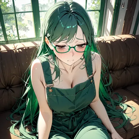 (green-frame eyewear:1.3), (bags under eyes:1.1), embarrassed, Beautiful mature housewife, brown eyes, half closed eyes, (green hair:1.3), swept bangs, very long hair, naked overall, apron, large chest, cowboy shot, living, couch,  sitting, Atmospheric Per...