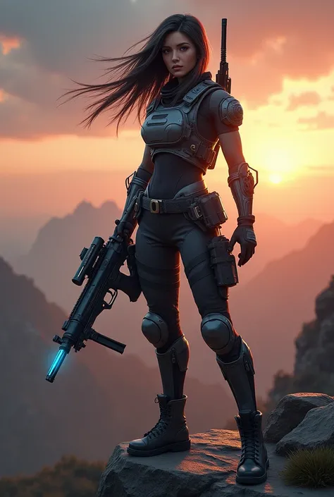 "A female character from PUBG, wearing tactical combat gear with a modern touch, standing on a cliff edge. She has long, wind-blown hair and a determined expression. Her outfit consists of a fitted armored vest, tactical pants, knee pads, and boots. In her...