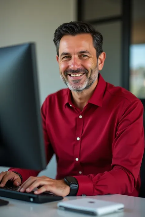 A smiling 40-year-old man with dark hair, fair skin, and a red shirt is sitting at a computer.