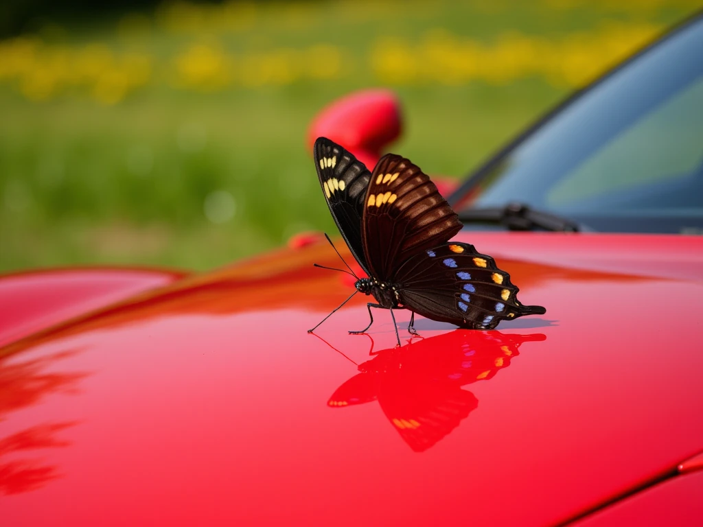 A large black Japanese swallowtail butterfly is resting on the hood of a 　 red Ferrari、A Ferrari is parked in a spring field、